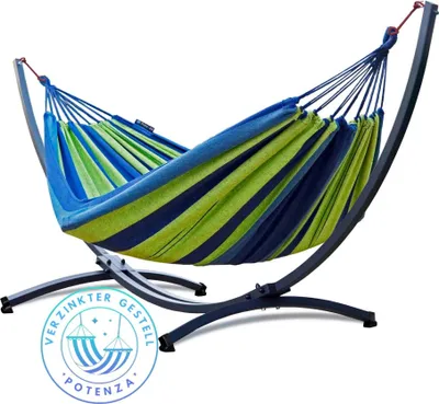 Produktbild von Potenza Outdoor Hängematte mit Verzinkter Gestell für 2 Personen I Baumwolle Doppelhängematte XXL 220x160, 200kg I Hängemattengestell 220kg, wetterfest