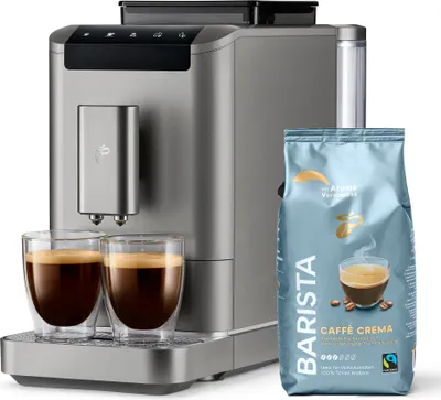 Produktbild von Tchibo Kaffeevollautomat Esperto2 Caffè mit 2-Tassen-Funktion inkl. 1kg Barista Caffè für Caffè Crema und Espresso, Titanum Silver