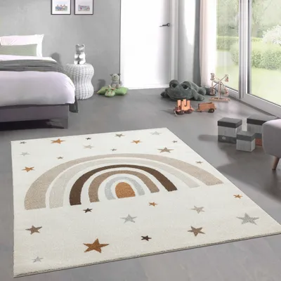 Obrázek produktu pro Kouzelný koberec do dětského pokoje s duhou a hvězdami v krémové a hnědobéžové barvě Velikost - 140 x 200 cm