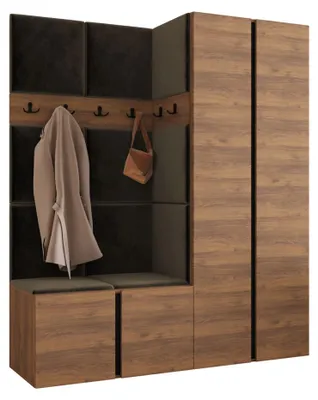 Produktbild von MIRJAN24 Garderoben-Set Orion III, Garderobe mit Sitzbank mit 11 x Wandpanel 42x42 (Farbe: Nuss Warmia, Polo 877)