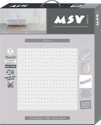 The image shows the packaging of a toilet seat with a mosaic pattern. It displays the brand logo, product name, and some feature icons.