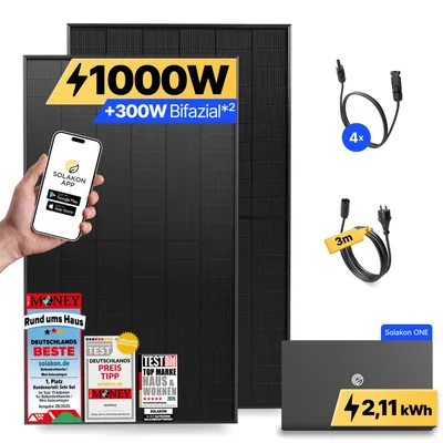 Produktbild von 1000W Balkonkraftwerk mit Speicher Solakon ONE (2,11 kWh) Solaranlage Steckerfertig WIFI Komplettset Photovoltaik Anlage 800W, Kabellänge: 3m