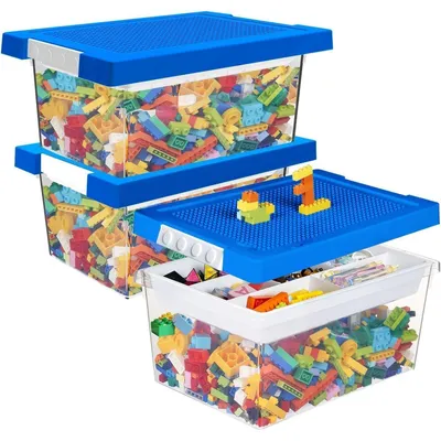 Productafbeelding van Opbergboxen voor speelgoed met deksel en bakje, en een bouwbord, set van 3, PP, donkerblauw