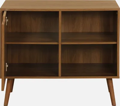 The image shows a wooden cabinet with a minimalist design, featuring open shelves and a closed section with a door on the left.
