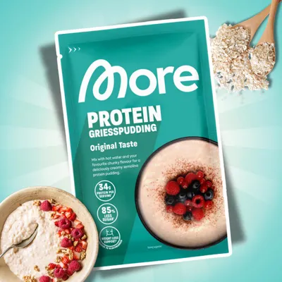 Imagen del producto de MORE Pudding de sémola con alto contenido de proteínas, sabor original, 60 g – Pudding de sémola rico en proteínas + Protector para envíos