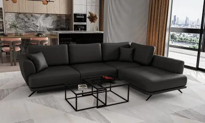 Produktbild von Sehr bequemes, praktisches, hochfunktionelles, elegantes Ecksofa, Ottomane links oder Rechts, Schlafsofa mit Schlaffunktion, Schlafsofa mit Bettkasten - Ecksofa Likido Softis 11 Schwarz Ottomane Rechts