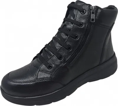 A black leather boot with laces and a zipper on a white background.