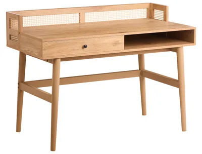 Produktbild von BELIANI Schreibtisch Hellbraun Holzoptik MDF-Platte mit Holzbeinen Wiener-Geflecht Runterfallschutz Rechteckig 120x60 cm Modern Bürotisch Arbeitstisch