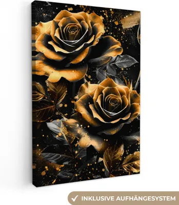 Produktbild von MuchoWow® - Leinwandbilder - Rosen - Gold - Schwarz - Blumen - Modern, Wandbild, Wanddeko Bilder Wohnzimmer, 80x120 cm
