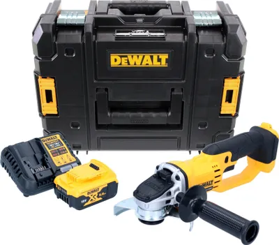 A DeWalt angle grinder kit with a storage case, battery, and charger.