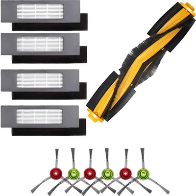 A collection of vacuum cleaner accessories, including filters and brushes, arranged on a white background.