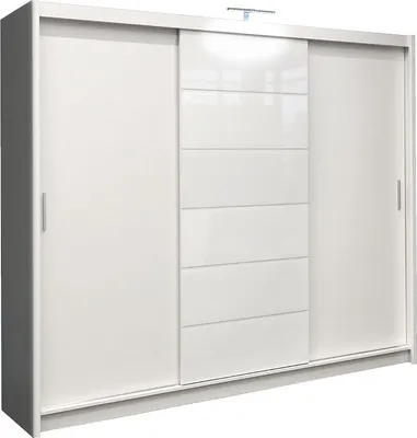 Produktbild von Furniture24 Kleiderschrank Malibu Schlafzimmer 3 Türiger Schwebetürenschrank Schrank mit Kleiderstange 8 Einlegeboden Spiegel und 2 Schubladen Weiß Schiebetür