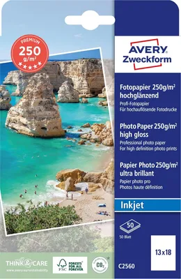 Zdjęcie produktu dla Avery C2560, Wysoki połysk, 250 g/m², Atramentowa, 13x18 cm, Biały, 50 ark.