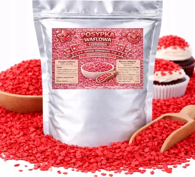 Zdjęcie produktu dla Posypka Waflowa Czerwona - Dekoracja Tortu Ciast Babeczek Lekka Posypka100G
