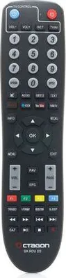 A black remote control with various buttons and labels.
