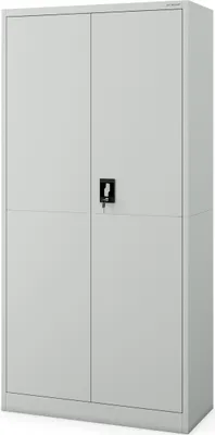 A gray metal cabinet with two doors and a lock.