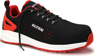 A single black and red safety shoe is shown against a white background.
