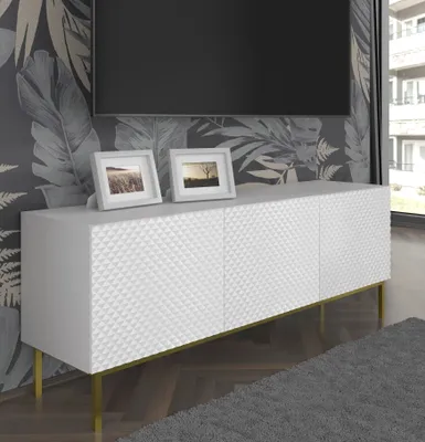 Produktbild von TV Schrank RAVENNA C 150 cm 3D rahmen WEIß MATT / WEIß GLANZ Diamantförmiger Fräser Lowboard mit Metallfüße Stehen Unterschrank Fernsehschrank Modern Loft TV Board Sideboard HiFi-Tisch Golden oder Schwarz Metallrahmen Beine mit gefräster fronten Diamant