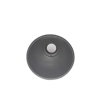 A top-down view of a gray lamp shade on a white background.