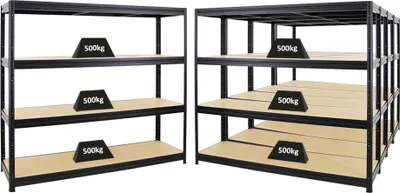 Produktbild von Mega Deal | 5x Schwerlastregal DINO | HxBxT 180x200x60cm | 4 MDF-Platten-Ebenen 6,5 mm | Fachlast 500kg | Schwarz