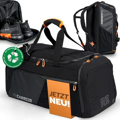 Produktbild von RECARRIER Sporttasche [RECYCELTES PET] 50L – Gym Bag und Rucksack in Einem – wasserdichte Reise- und Trainingstasche mit Schuhfach - schwarz