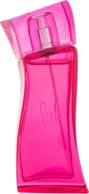 A bright pink perfume bottle with a tilted cap.