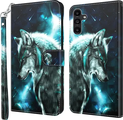Produktbild von CLM-Tech Hülle kompatibel mit Samsung Galaxy A54 5G - Tasche aus Kunstleder - Klapphülle mit Ständer und Kartenfächern, Wolf blau schwarz