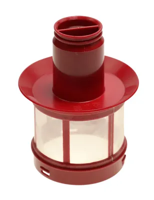 A close-up studio shot of a red and transparent vacuum cleaner filter.