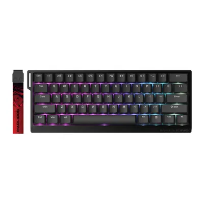 A black gaming keyboard with RGB lighting and a red and black accessory to its left.