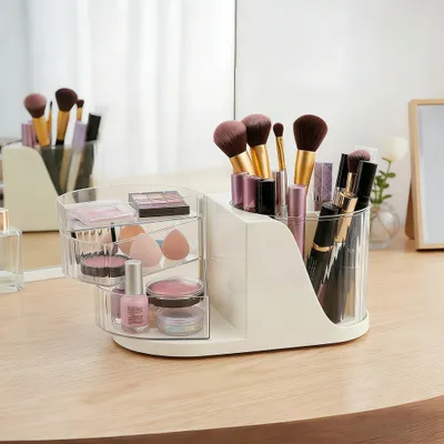 Produktbild von Make-up-Organizer mit 360° drehbarem Pinselhalter, Kosmetik-Organizer mit 3 Schubladen, multifunktionale große Aufbewahrungsbox für Kosmetik, Kosmetikregal für Ankleidezimmer, Schlafzimmer, Badezimmer (weiß)