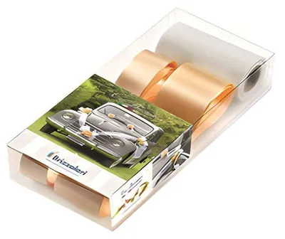 Auto-Dekoset Brautpaar mit Pfirsichrosetten, weißem Band