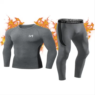 Produktbild von Herren Thermounterwäsche Set Innenfleece Funktionsunterwäsche Winter Skiunterwäsche Warm Unterwäsche Set Atmungsaktiv Langarmshirt Lange-Grau-XL