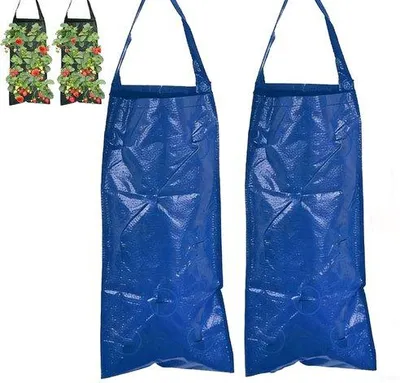 Zdjęcie produktu dla Dwie wiszące doniczki na taras i do ogrodu – 25 x 60 cm – 8 otworów – zapewniają cyrkulację powietrza i drenaż – z uchwytem – do truskawek, roślin, warzyw i kwiatów – niebieskie