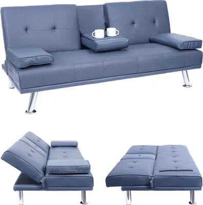 Three views of a dark blue convertible sofa, showing it in its sofa form, partially converted, and fully converted to a bed.
