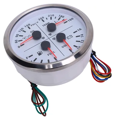 Image de Compteur multifonction 110 mm (4 3/8 pouces) 4 en 1 : pression d'huile (DC 12V, 0-150 PSI), niveau de carburant, température de l'eau (100-250 °C), voltmètre (8-16V). Convient pour camping-cars, bateaux, camions. Cadran blanc, boîtier argenté