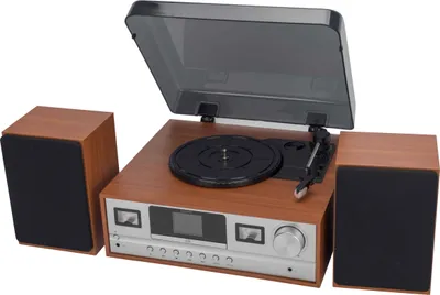 A retro-style music center with two speakers, a turntable, and a display screen, set against a white background.