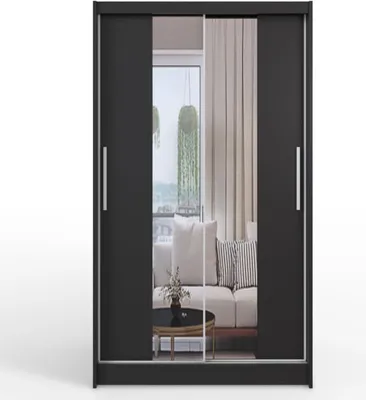 A black sliding door wardrobe with a mirrored center panel, reflecting a living room scene with a sofa and a coffee table.
