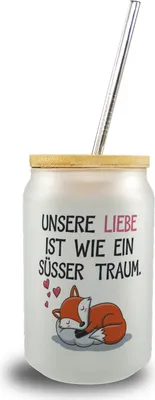 Produktbild von Fuchs Trinkglas mit Bambusdeckel zum Valentinstag - süsser Traum