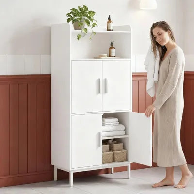 Produktbild von Badezimmerschrank mit 4 Türen und 1 offener Bereich | Badschrank mit Verstellbare Ablage, Aufbewahrungsschrank, Badezimmer, Wohnzimmer