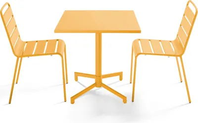 Image de Ensemble table 70 cm et 2 chaises de jardin en métal jaune - Oviala Palavas