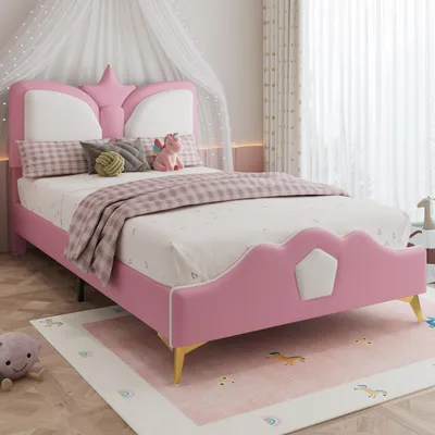 Produktbild von STILVORA Polsterbett 90x200cm mit Matratze, Kinderbett mit Weiche Antikollisions-Schwammkante, Kopfteil mit Kronenform, Rosa+Weiß