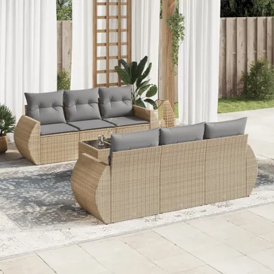 Produktbild von Design 7-tlg. Garten-Sofagarnitur mit Kissen Beige Poly Rattan, Gartenmöbel-Sets 2024