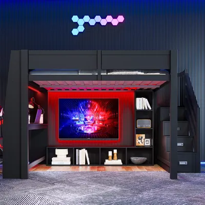 Produktbild von okwish Jugendbett Hochbett 140x200 Bettgestell Holzbett mit Schränken in zwei Größen,Kinderbett Funktionsbett mit LED-Beleuchtung und Schreibtisch,Schwarz(ohne Matratze)