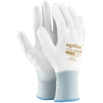 A pair of white work gloves with blue cuffs, displayed against a white background. Text and logos are visible on the right glove.