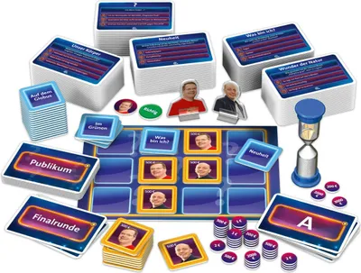 A collection of game components for a trivia board game, including cards, tokens, and an hourglass.
