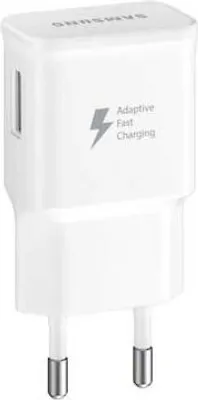 A white Samsung fast charging adapter with a USB port and two prongs for plugging into an electrical outlet.