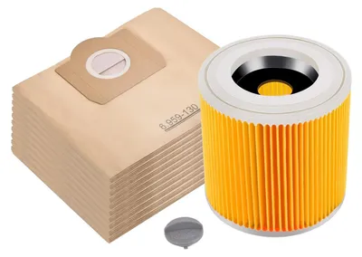 A stack of vacuum cleaner bags and a cylindrical filter are displayed on a white background.