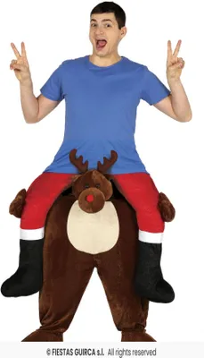 A person wearing a reindeer costume, with the reindeer's body appearing to be worn around the person's legs and torso.
