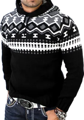 Produktbild von Reslad Herren Grobstrick Pullover Norweger Winter Kapuzenpullover RS-3013 Schwarz XL