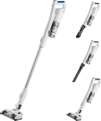 Multiple views of a white cordless vacuum cleaner, including its main body, attachments, and the vacuum in use.